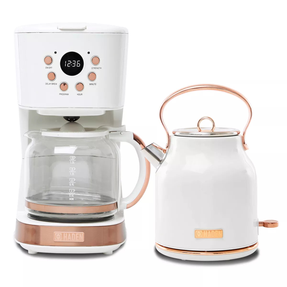 Haden Coffee Machine, 12 Cup Drip Coffee Maker Bundled with Heritage 1.7 Liter Stainless Steel Electric Kettle, Ivory & Copper