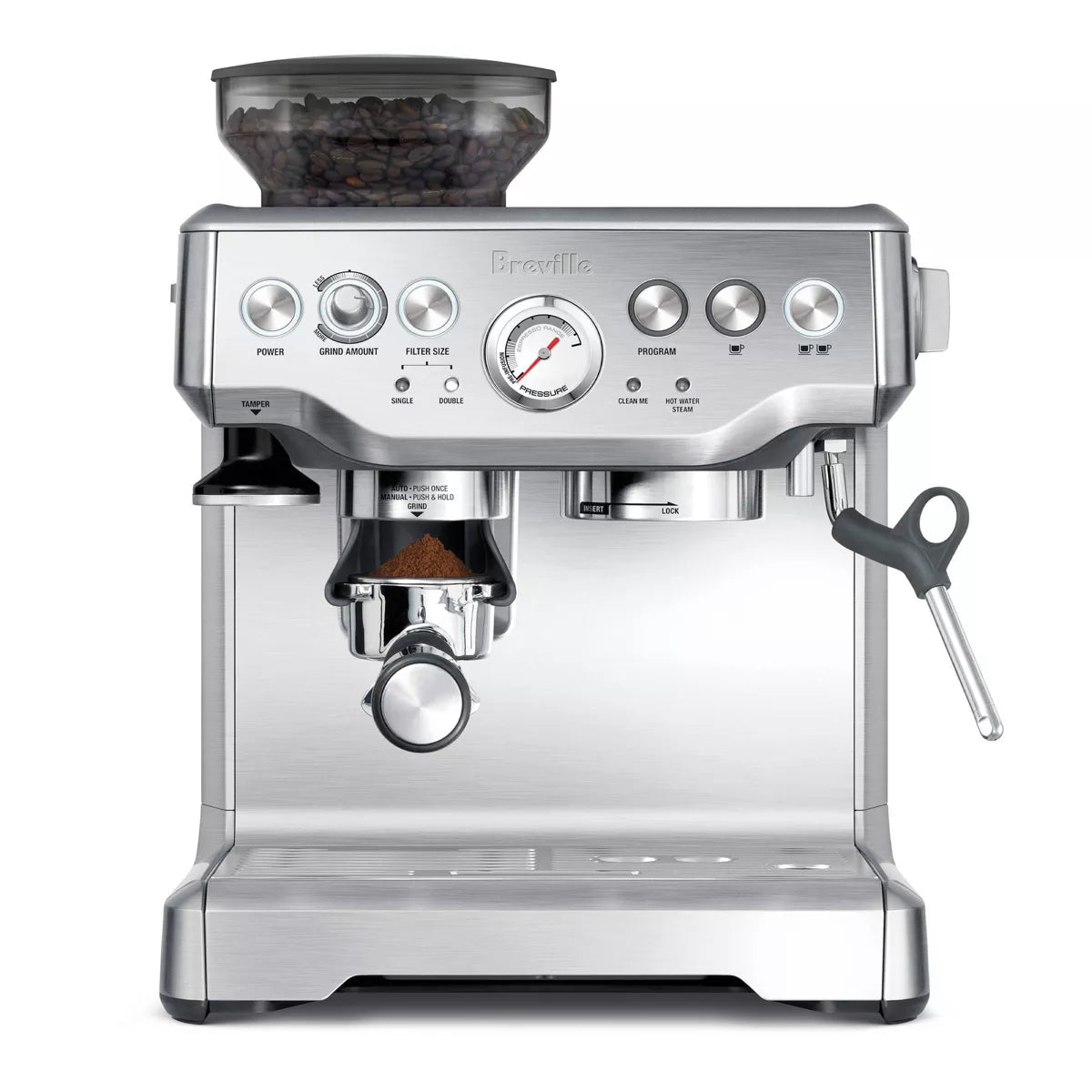 Breville Stainless Steel Barista Express Espresso Machine Light Silver BES870XL: 15 Bars Pressure, Milk Frother, Grinder